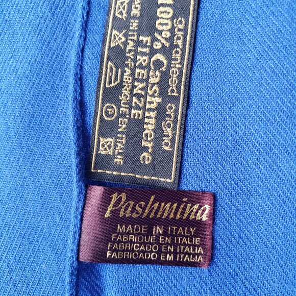 100% Cashmere Fringed Pashmina Firenze Italy Royal Blue Scarf Shawl Wrap - Picture 9 of 10